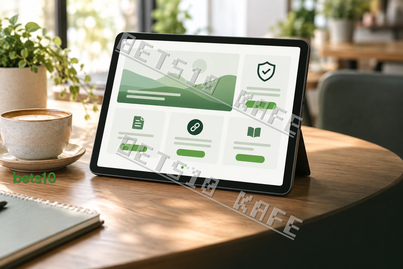 Beyaz ağırlıklı sıcak bir kafe masasında kahve fincanının yanındaki tablet, Bets10 Kafe fan sitesi için yeşil vurgulu bilgi rehberi arayüzünü gösteriyor.