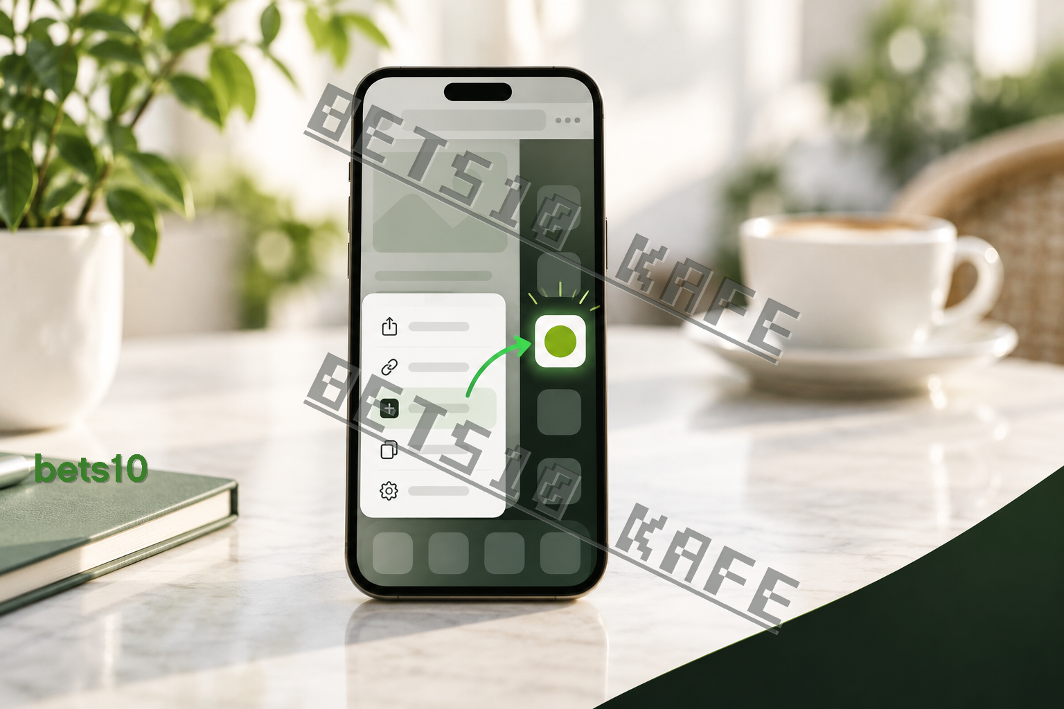 Beyaz bir kafe masasında duran telefon, Bets10 mobil tarayıcı kısayolu oluşturmayı yeşil vurgulu soyut arayüz simgeleriyle betimliyor.