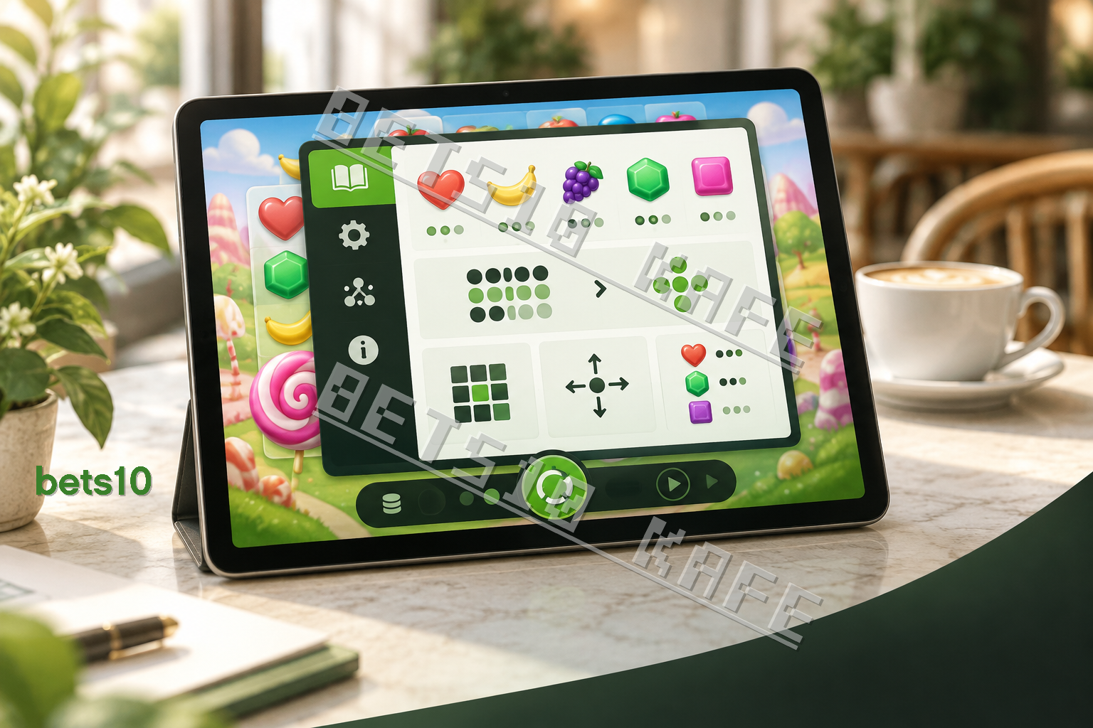 Sıcak bir kafe masasında Bets10 Sweet Bonanza oyun kuralları konusunu temsil eden, yardım paneli açık tablet ve kahve fincanı görülüyor.