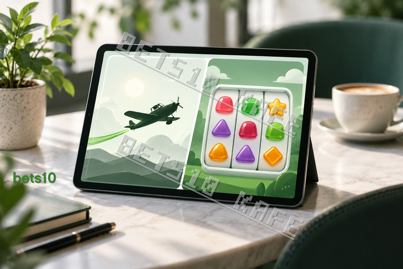 Beyaz ağırlıklı sıcak bir kafe ortamındaki tablette Bets10 Aviator crash ve Jelly Express slot farkları uçak ve soyut slot simgeleriyle betimleniyor.