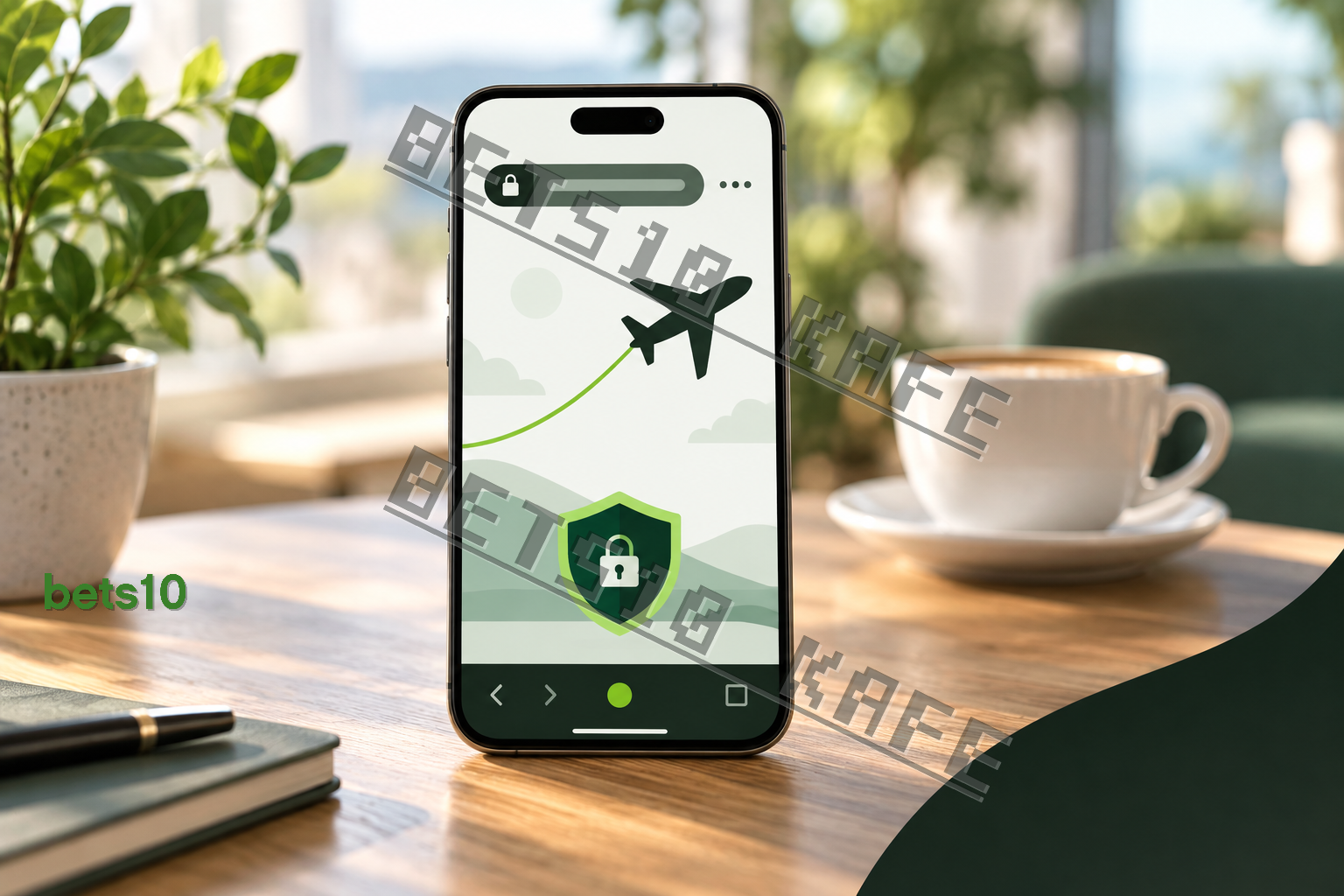Bets10 Aviator mobil giriş rehberini temsil eden telefon ekranında uçak simgesi, arka planda ise sıcak kafe atmosferinde bir kahve fincanı görülüyor.